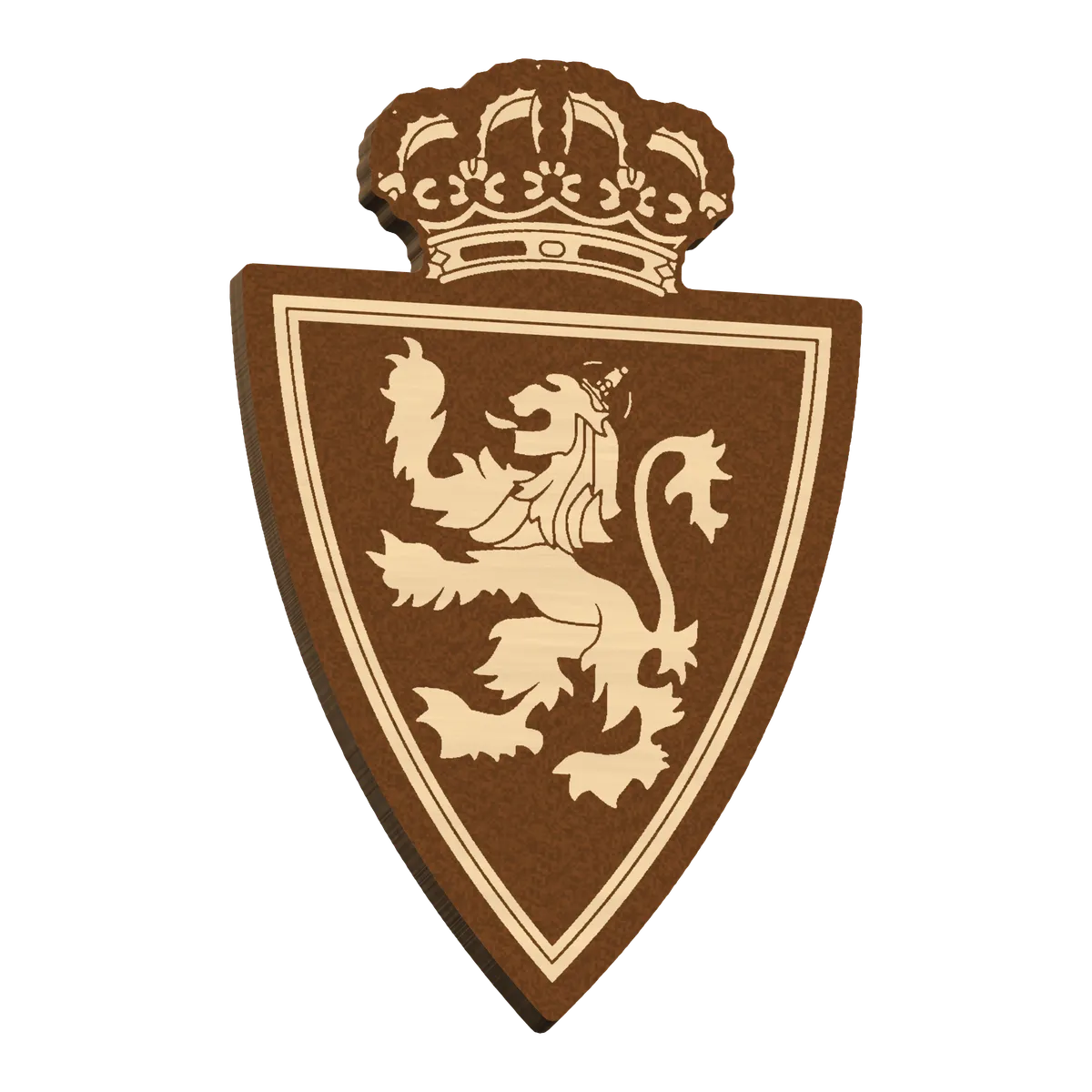 Broche de madera con el escudo del Real Zaragoza grabado con láser